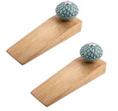 2 Pieces Sage Green And Black Etched Ceramic Wooden Door Stopper